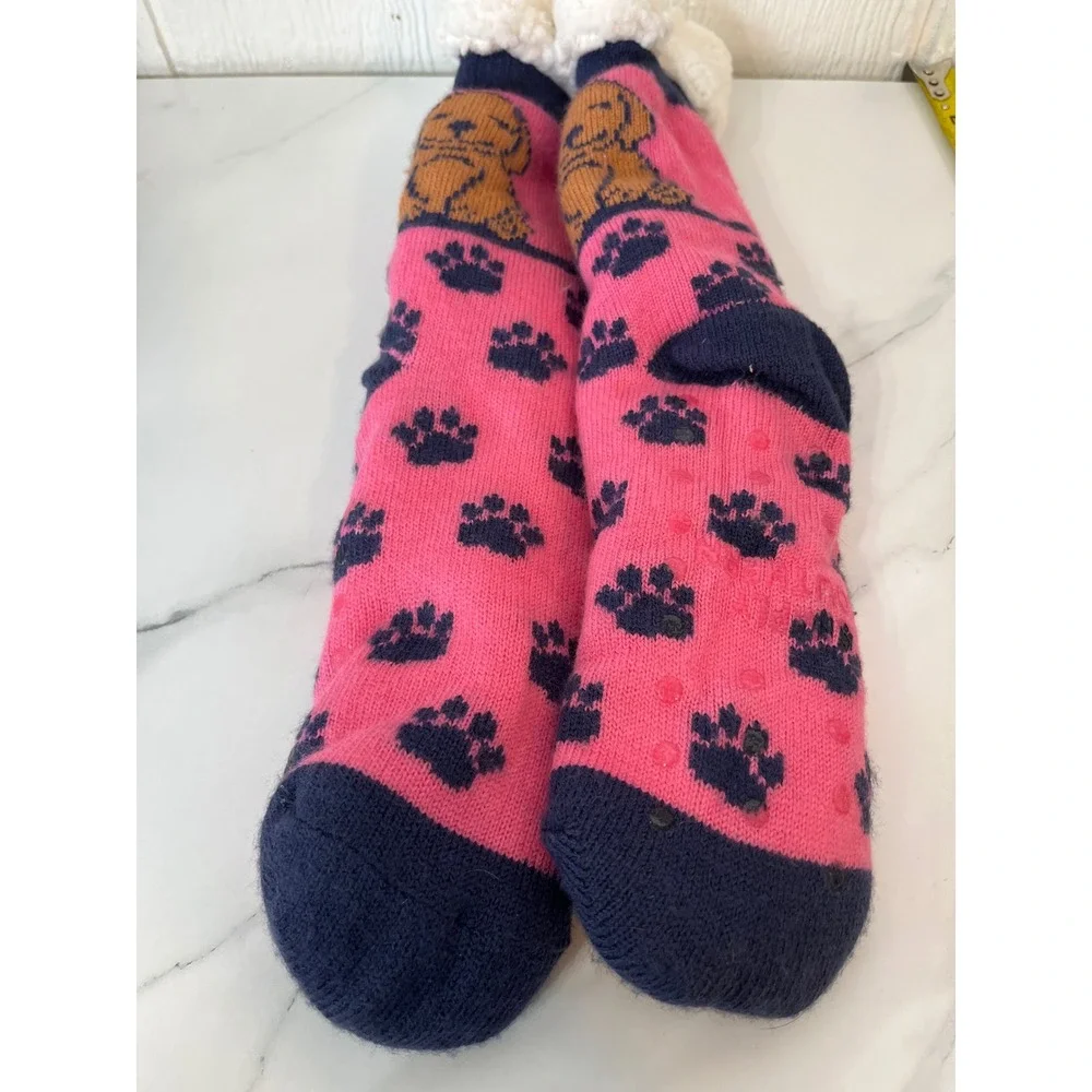 Simply Southern Cozy Dog‎ Paw Print Slipper Socks Pink Sherpa Lined Non Slip